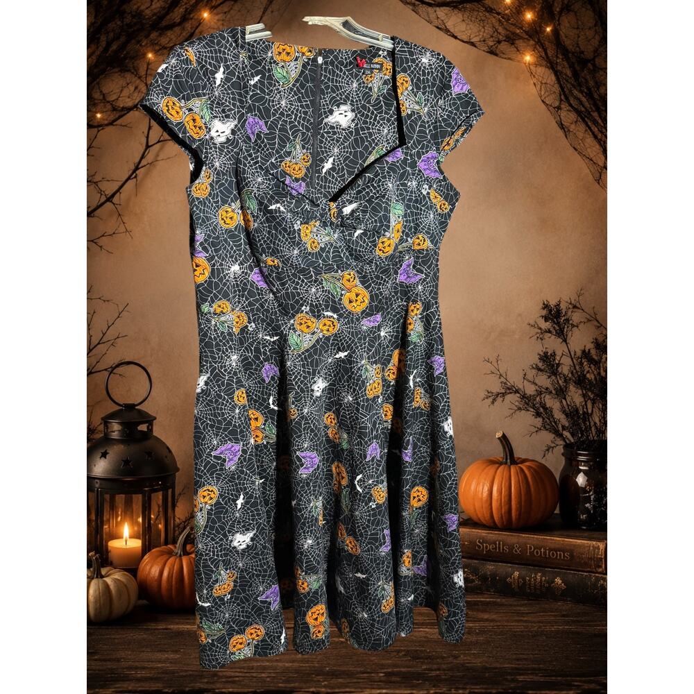 Hell Bunny Harlow Halloween 2XL Swing Dress Pumpkin Ghost Bat Goth - Picture 2 of 9